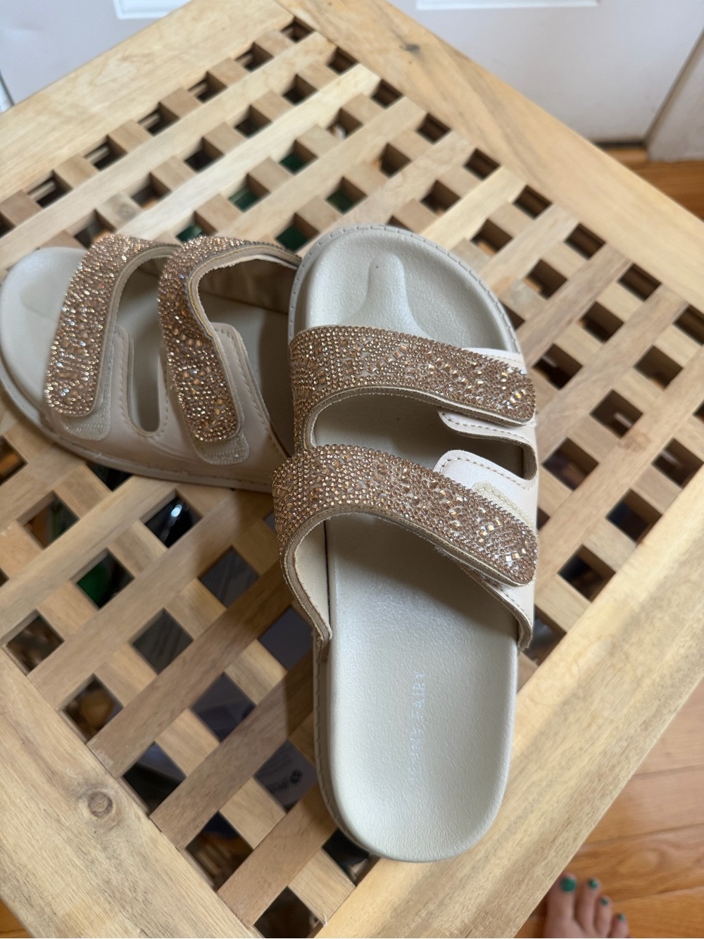 Beige Crystal-Embellished Slide Sandals